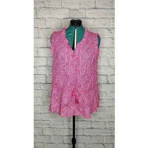 LOLA Australia Womens Peplum Top Pink White Speckled Sleeveless V Neck Ruffles L